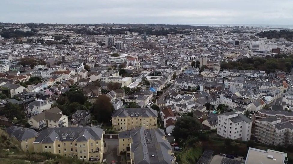 Aerial of buildings in St Helier, Jersey