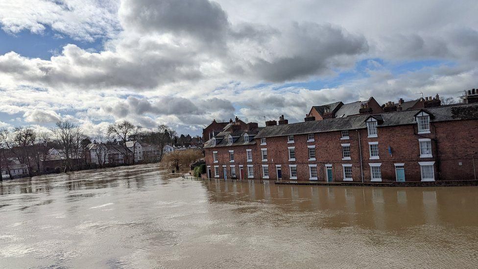 Flooded houses in Shrewsbury