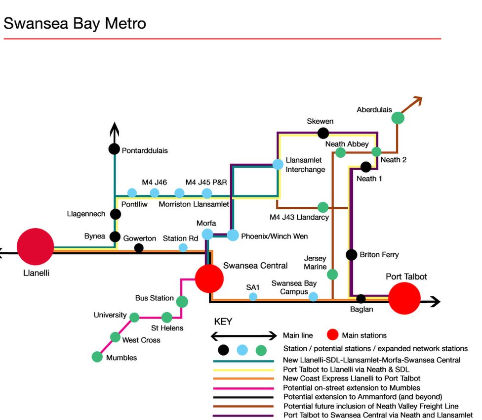 A map of the proposed Swansea Metro
