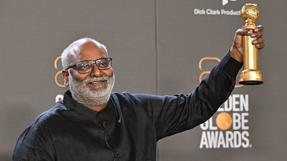 MM Keeravani poses with the award for Best Song - Motion Picture for Naatu Naatu during the 80th annual Golden Globe Awards