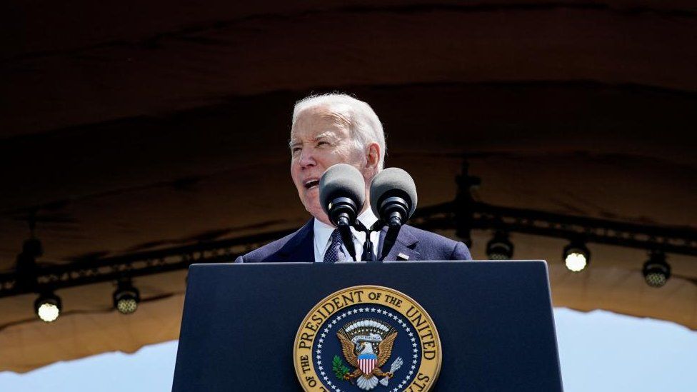 U.S President Joe Biden speaks during a ceremony to mark the 80th anniversary of D-Day