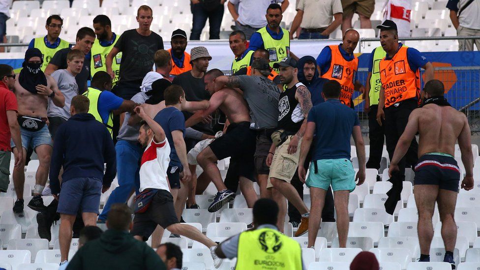Fans clash after the UEFA EURO 2016 Group B match between England and Russia at Stade Velodrome on June 11, 2016 in Marseille, France.