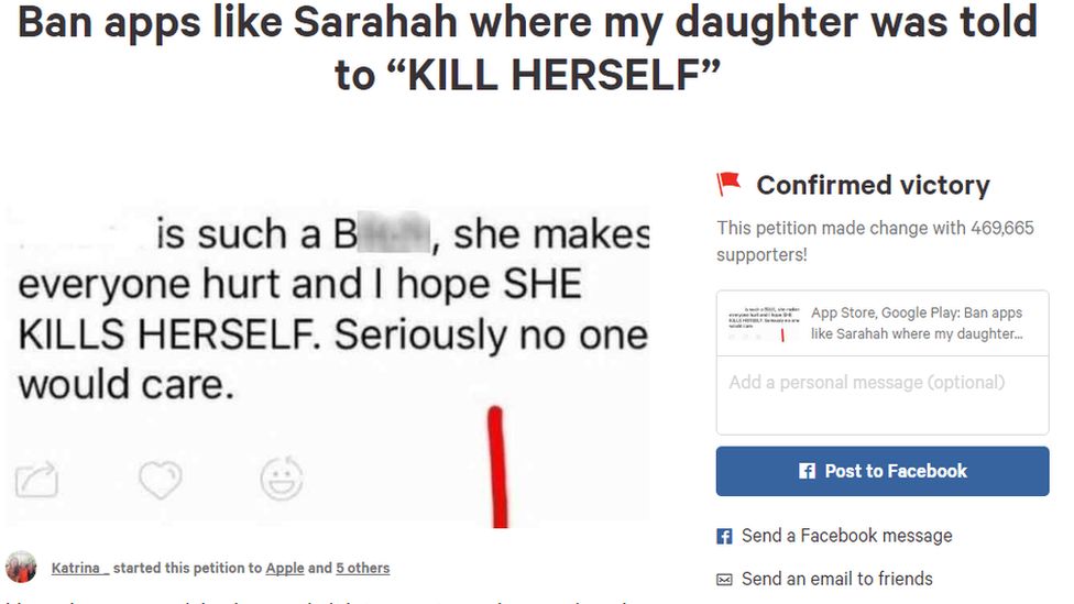 Petition titled 'Ban apps like Sarahah where my daughter was told to 'KILL HERSELF''
