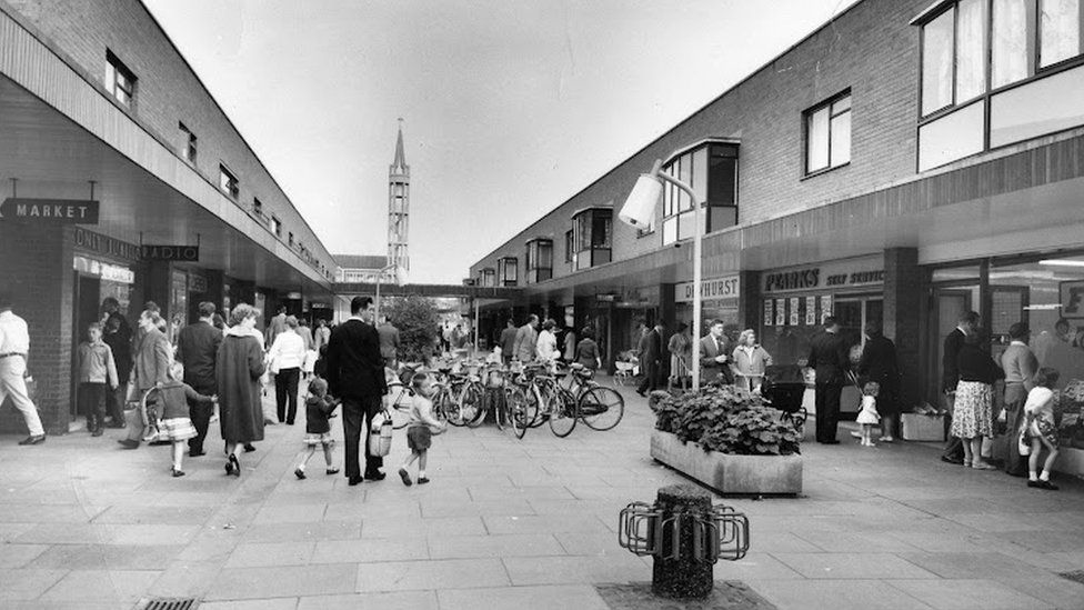 Black and white photo of Stevenage town centre from 1963