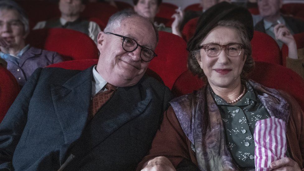 Broadbent and Dame Helen's characters shown in the film enjoying themselves at the cinema