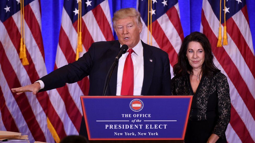 Donald Trump and Sheri Dillon at news conference on Jan 11