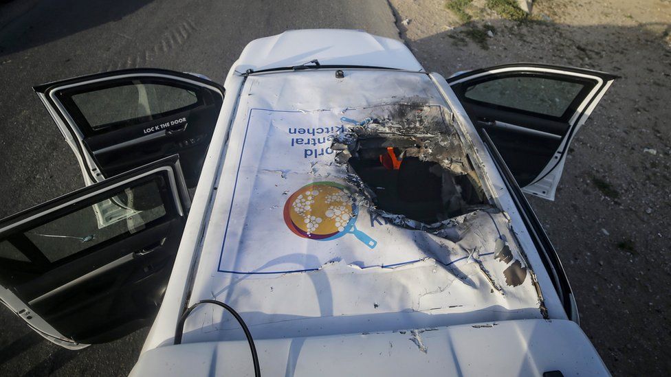 A destroyed car of the charity World Central Kitchen