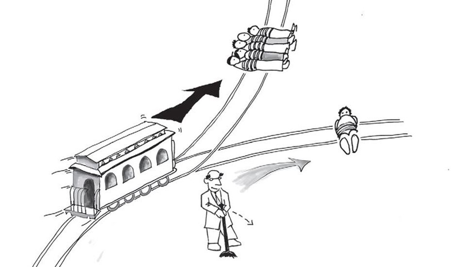 A cartoon man shown diverting a train to save five lives over one life