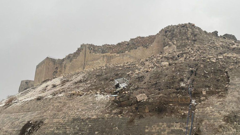 A view of damaged historical Gaziantep Castle after a 7.4 magnitude earthquake hit southern provinces of Turkey on 6 February