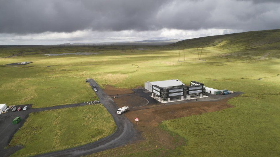 Aerial shot of the Orca direct air capture and storage facility in Hellisheidi, Iceland.