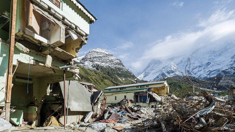 KEDARNATH, UTTARAKHAND, INDIA - 2015/06/03: The small town around Kedarnath Temple got totally destroyed by the 2013 flood, only ruins are left.