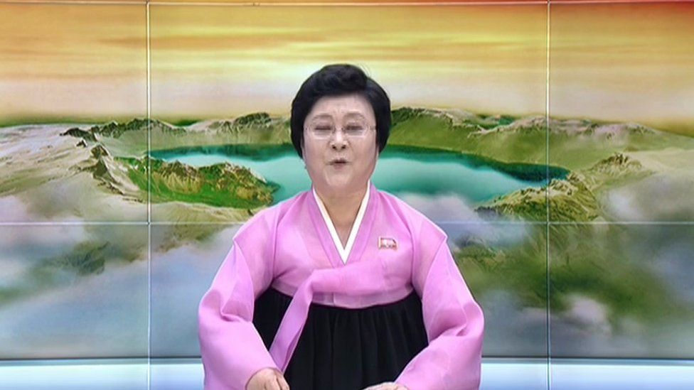 North Korean senior newsreader Ri Chun-hee in front of a backdrop showing Mount Paektu