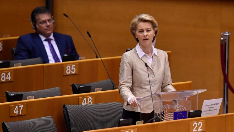 Ursula von der Leyen addressing the EU parliament in Brussels