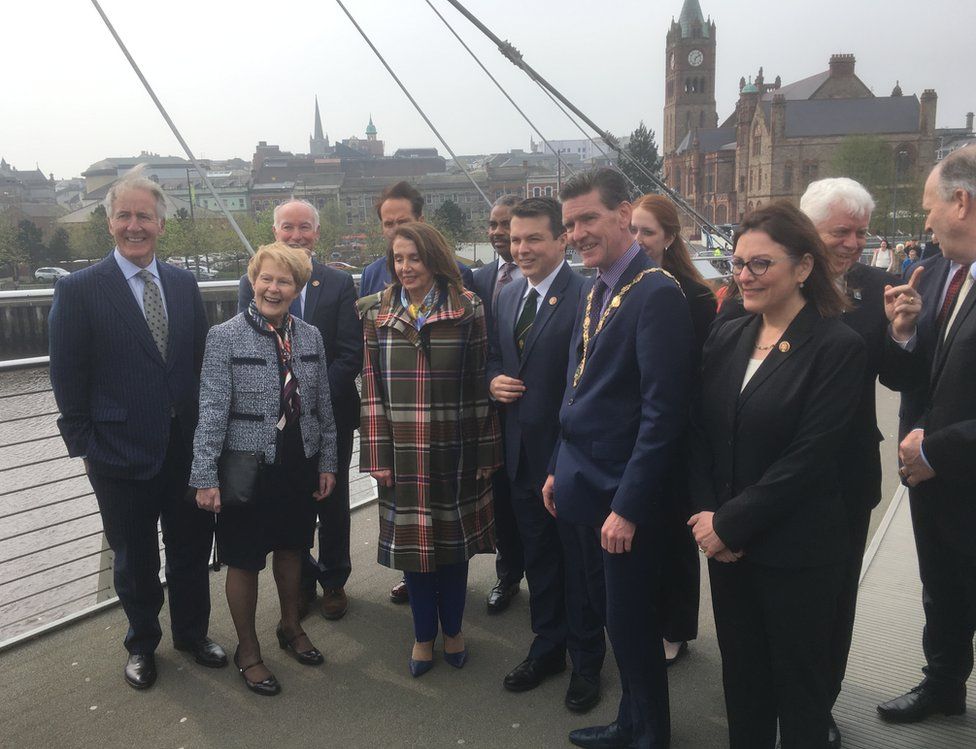 Nancy Pelosi, Pat Hum and US politicians on Derry's Peace Bridge