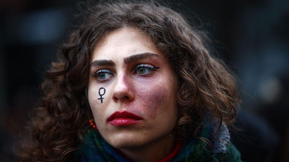 Female protester reacts during a rally marking the International Women's Day in Istanbul, Turkey, 08 March 2023