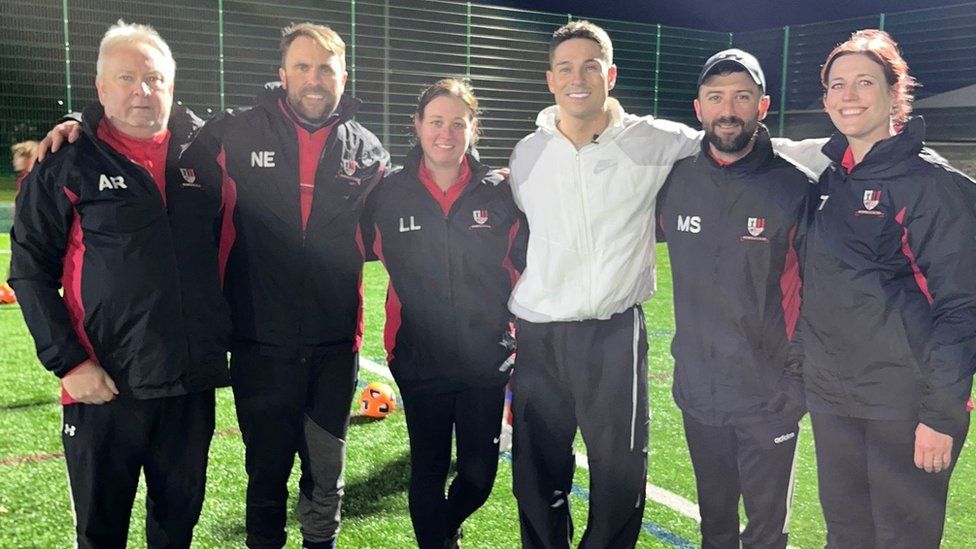 Members of Broomfield FC with Joey Essex