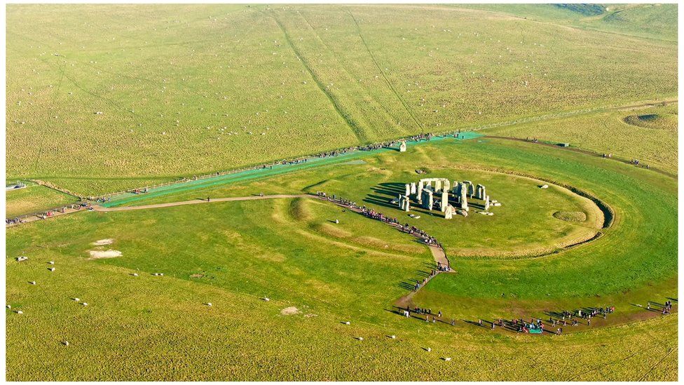 an aerial view of Stonehenge and surrounding area