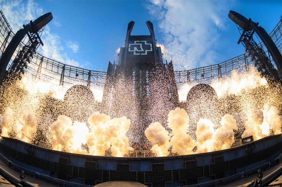 Pyrotechnics are ignited on stage during a Rammstein gig