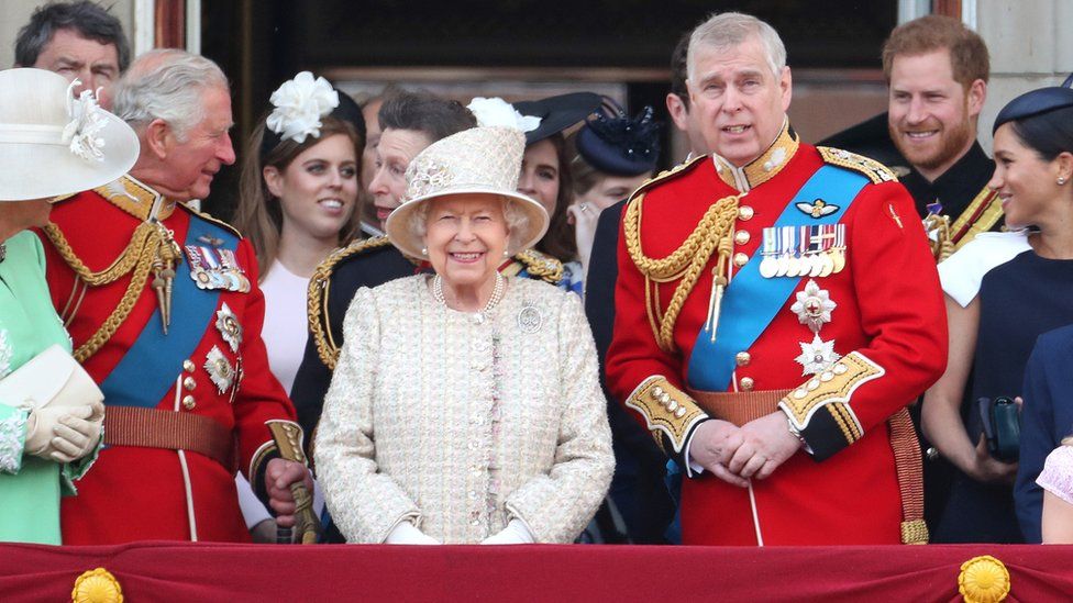 Prince Andrew and Prince Harry with the Queen. Picture taken at the Queen's annual birthday parade, on 8 June 2019.