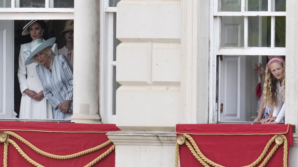 The Duchess of Cambridge, the Duchess of Cornwall and Savannah Phillips watch the Trooping of the Colour ceremony at Horse Guards Parade, central London, as the Queen celebrates her official birthday,