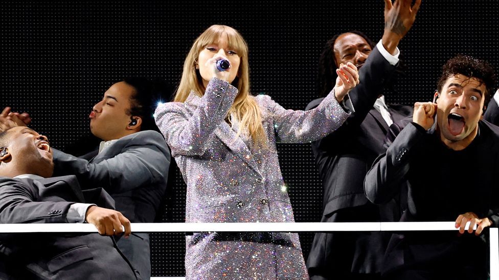 Singer Taylor Swift performs at her concert for the international The Eras Tour in Tokyo