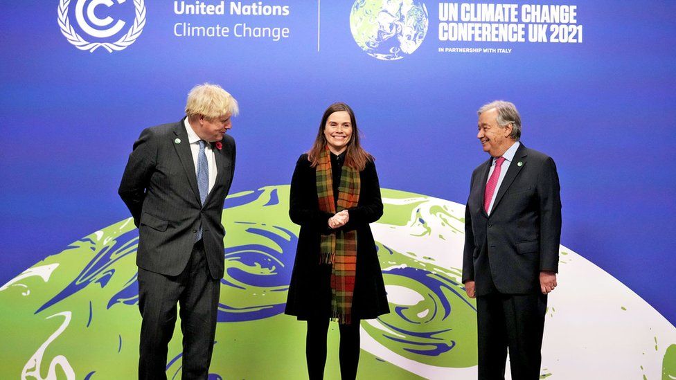 Prime Minister Boris Johnson (left), UN Secretary-General Antonio Guterres (right) and Iceland Prime Minister KatrÃn Jakobsdóttir (centre) at the COP26 at SECC on 1 November 2021 in Glasgow, Scotland