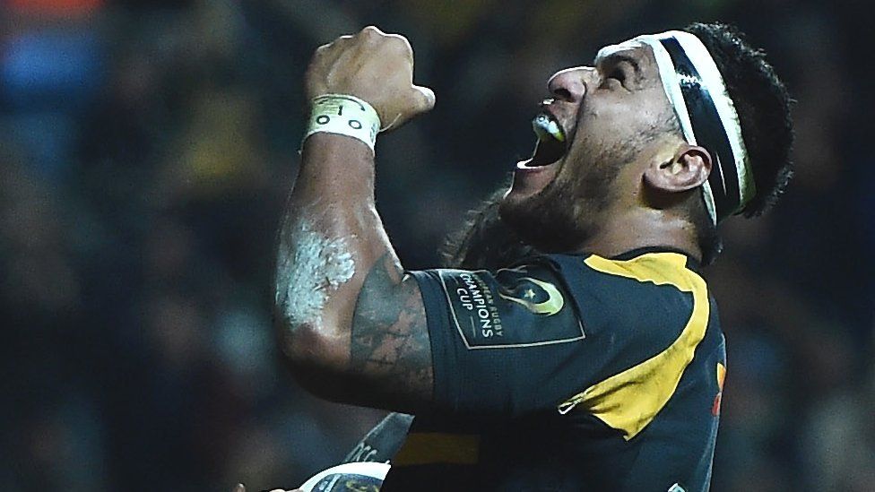 Nathan Hughes celebrates scoring a brace of tries for Wasps