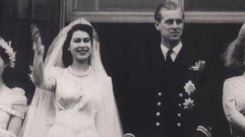 The Queen and Prince Philip with other Royals on the Buckingham Palace balcony on their wedding day.