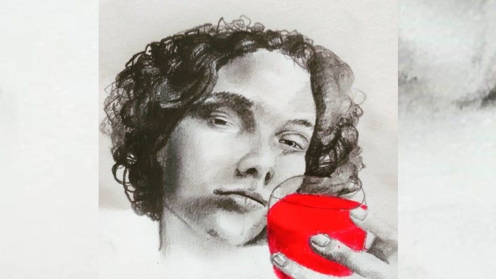 One of Evie Wilson's sketches, showing a curly-haired woman holding a glass of red liquid.