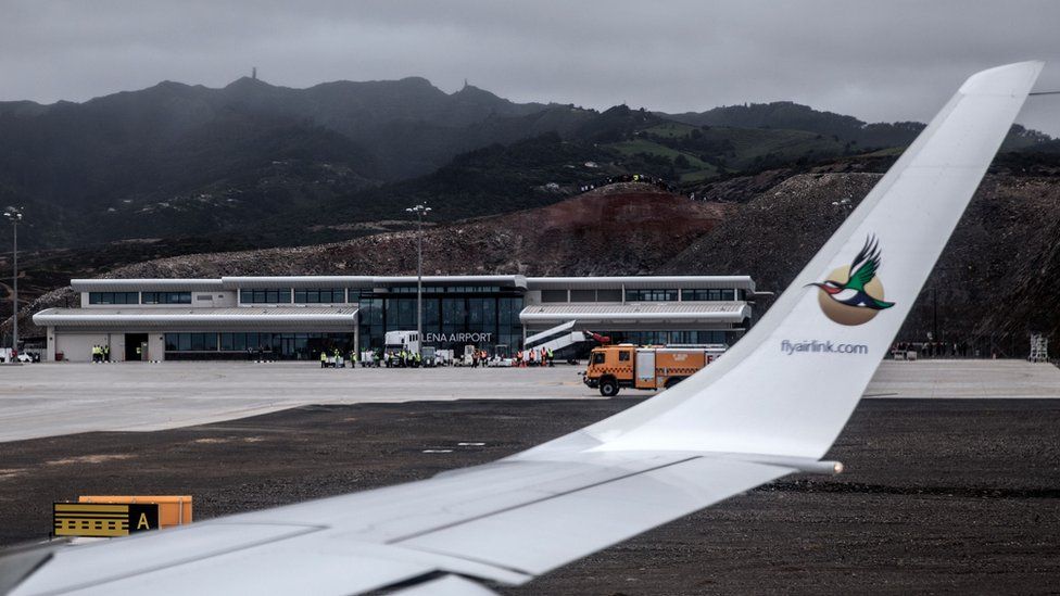 As seen from inside the cabin, the first ever commercial flight lands at St Helena Airport