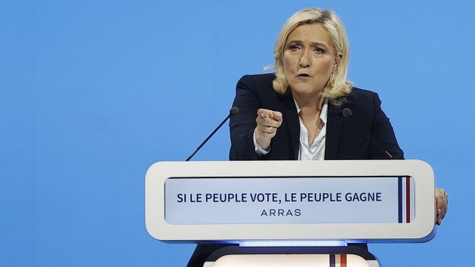 French far-right Rassemblement National (RN) party candidate for the French presidential election Marine Le Pen holds a campaign rally in Arras, France, 21 April 2022