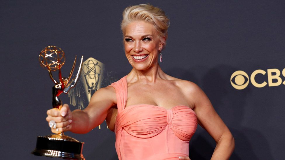 Hannah Waddingham poses with her award for outstanding supporting actress in a comedy series for "Ted Lasso", at the 73rd Primetime Emmy Awards in Los Angeles, U.S., September 19, 2021