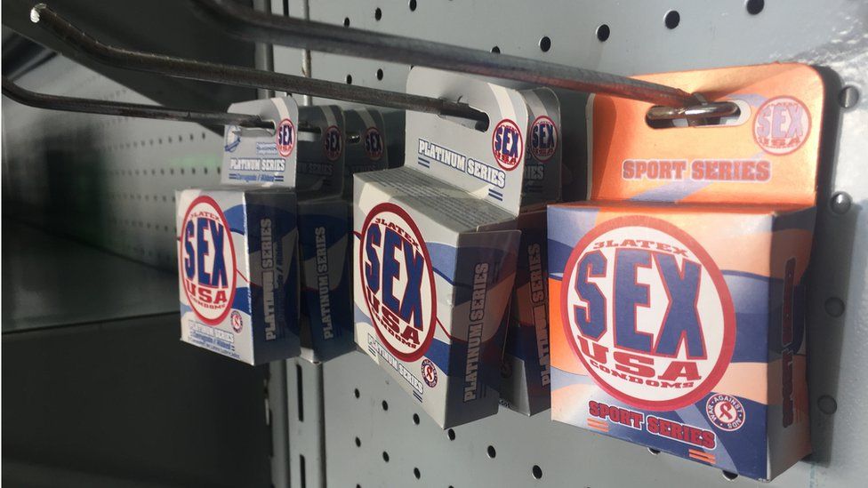 Packets of condoms in a pharmacy in Barquisimeto