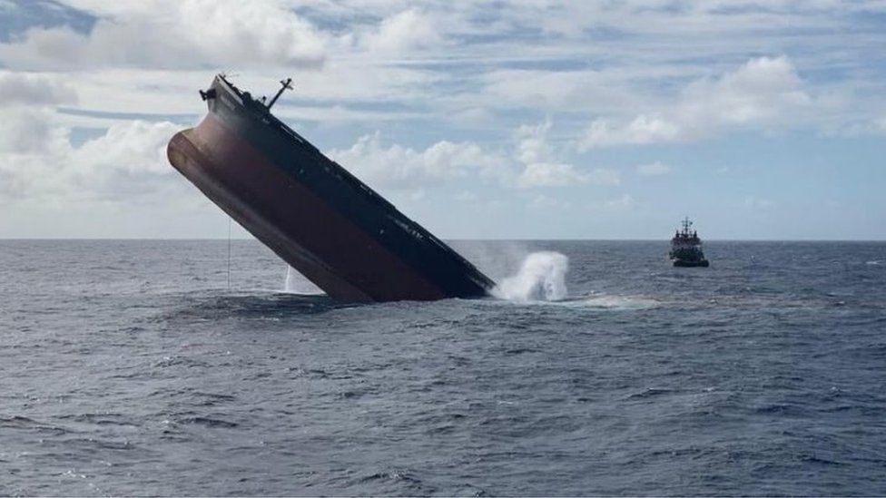 A part of the Japanese-owned bulk carrier MV Wakashio that ran aground off Mauritius is pictured during a planned sinking of the stem section of the vessel, August 24, 2020.