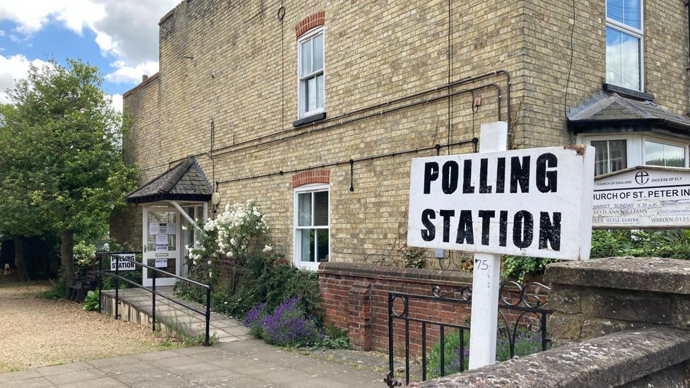Polling station sign outside a church in Ely