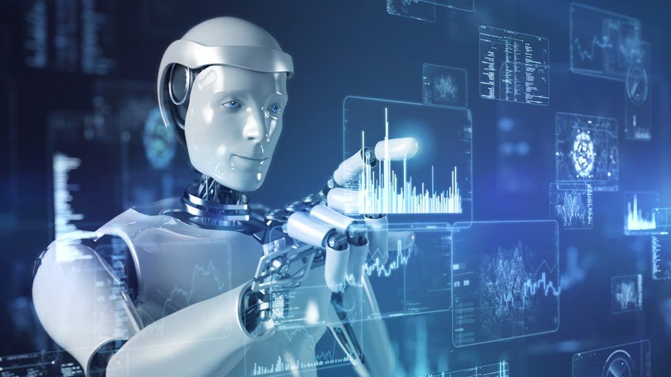 Artificial intelligence robot touching a computer screen