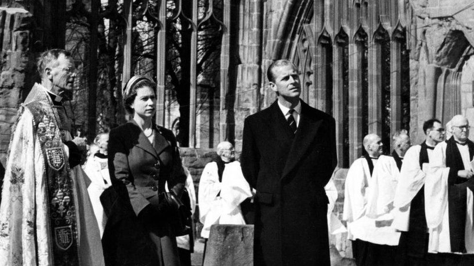 Queen Elizabeth II and Prince Philip, Duke of Edinburgh visit the old Cathedral in Coventry, 23rd March 1956
