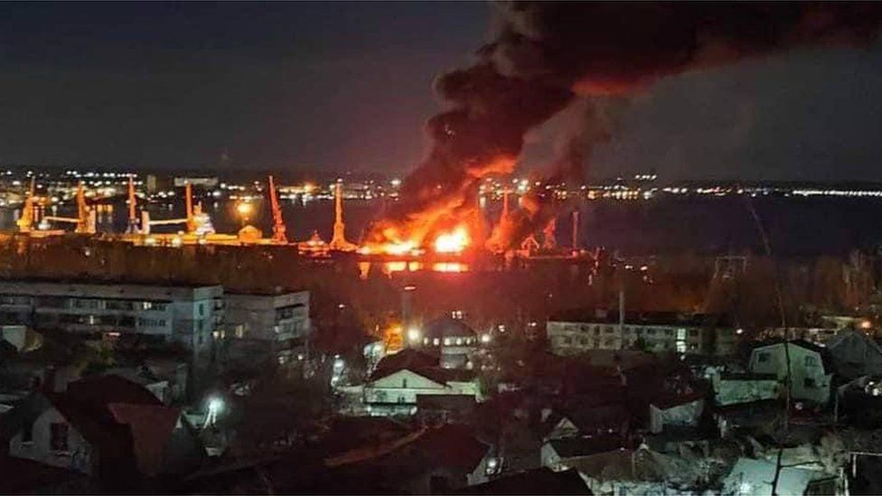 An unverified image showing the aftermath of a Ukrainian attack on the port of Feodosiya