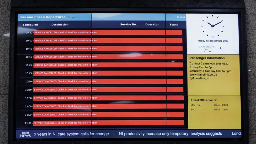 Information screen showing cancelled bus and coach service