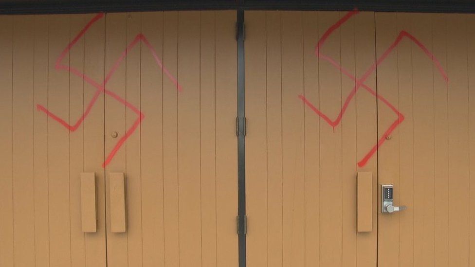 Swastika signs on the front doors of Ottawa's Machzikei Hadas Synagogue