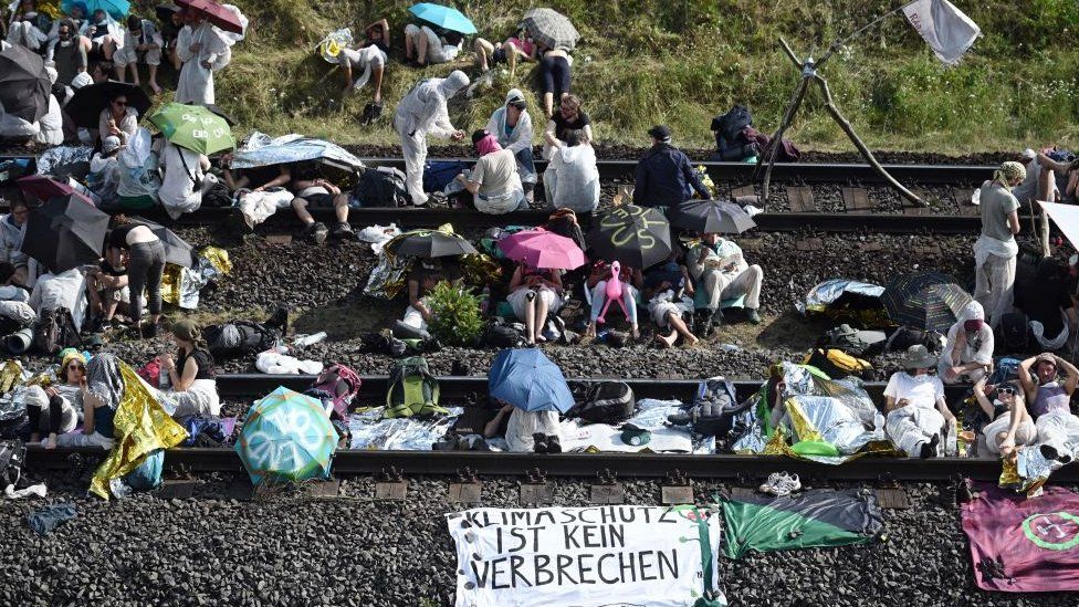 Climate activists blocked the rail tracks leading to the Hambach surface mine