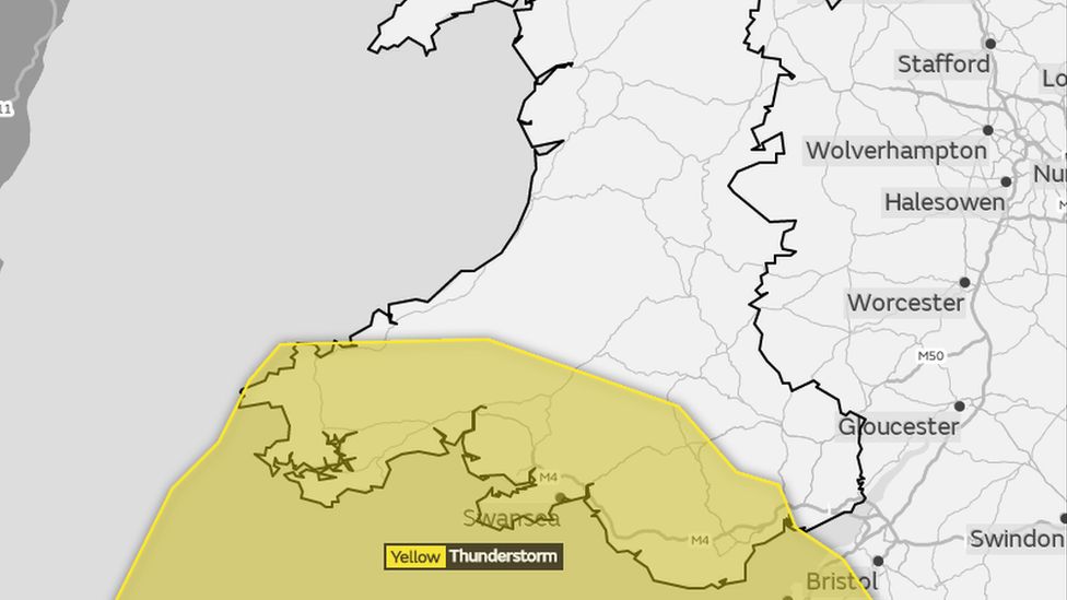 A map of Wales with a yellow weather warning in the south