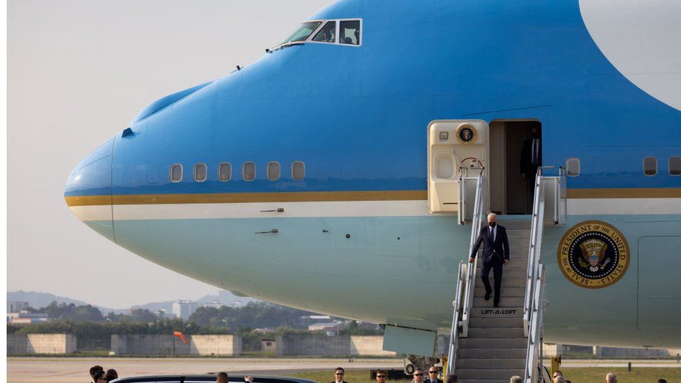 US President Joe Biden disembarks from Air Force One during his arrival at Osan Air Base in Pyeongtaek, South Korea