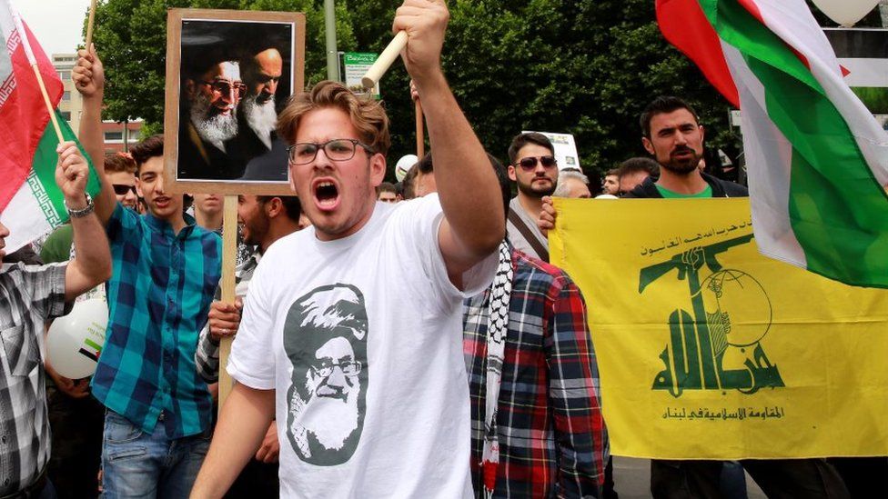 Hezbollah flags have often been waved at the annual al-Quds rally in Berlin - file pic 2015