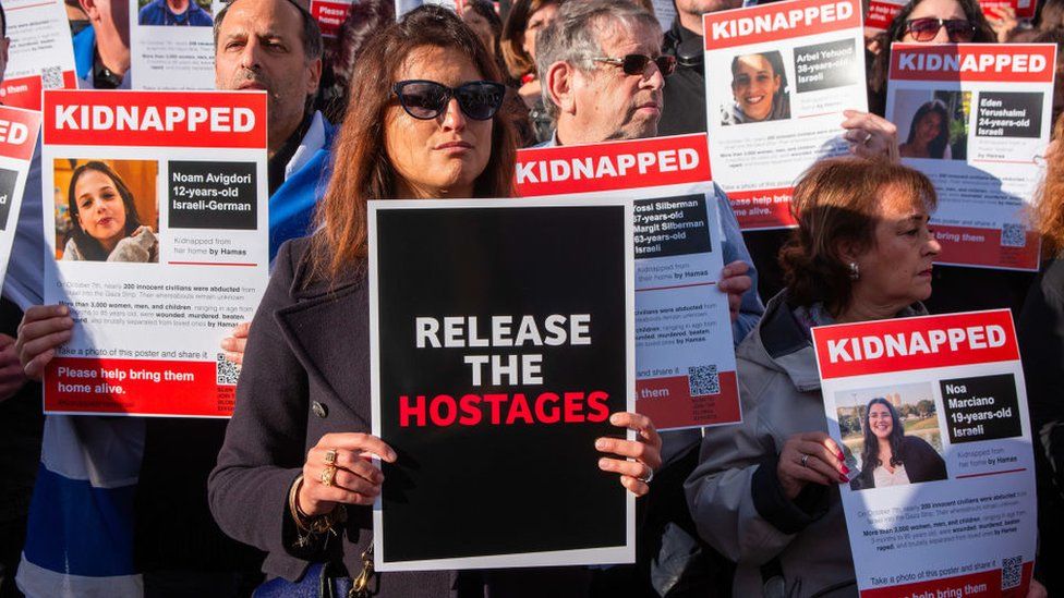 Protesters hold placards with the names of the hostages on them during the demonstration on the Trafalgar Square in London