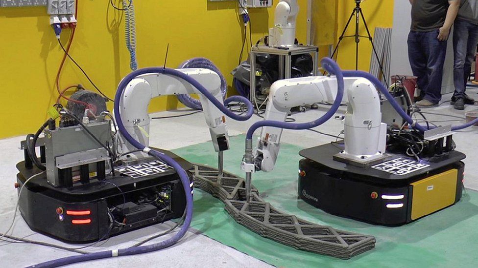 Mobile robots cooperating to 3D print large structures