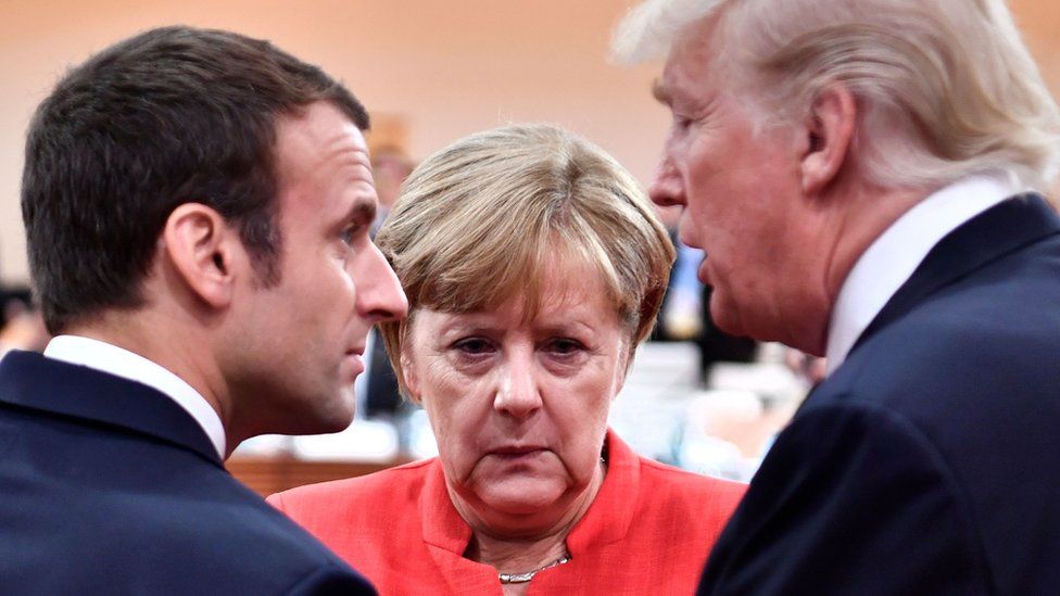 French President Emmanuel Macron, German Chancellor Angela Merkel and US President Donald Trump