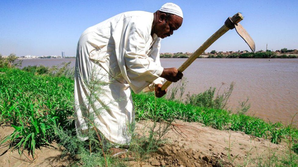 A farmer working in Sudan along the Blue Nile near Khartoum, Sudan