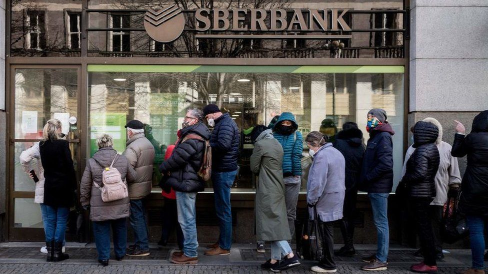 Customers of Russia's Sberbank last week queued outside a branch in Prague