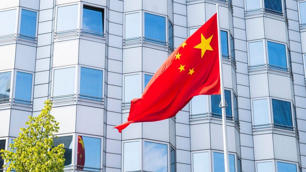 The Chinese Flag flies successful  beforehand   of the Embassy of the People's Republic of China successful  Berlin, Germany connected  August 13, 2020